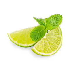 Two slices of fresh lime citrus fruit of green color and sour taste, are rich source of vitamin C and mint leaf isolated on white background used as ingredient of refreshing cocktails and mojito