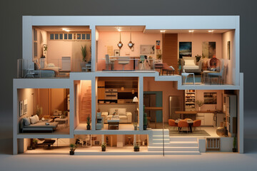 3D rendering, cut model of a section of a residential building, a cottage with furniture and lighting. AI generated.