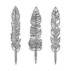 Set of three boho feathers, ethnic ornaments, black vector hand drawn illustration isolated on white background