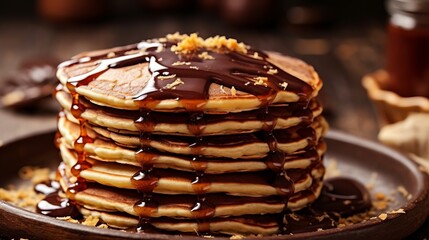 A stack of pancakes with chocolate icing. Maslenitsa and pancake week. Stuffed fritters
Generative AI