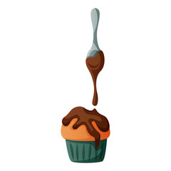 Pouring cream on homemade baked chocolate cupcake, pastry products. Pastries from the dough. Baking, bakery shop, cooking, sweet products, dessert. Vector for poster, banner, menu, cover, advertising