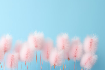 Pink fluffy bunny tails isolated on flat pastel blue background with copy space, banner template. Fluffy dry flowers, closeup. Generative AI photo.