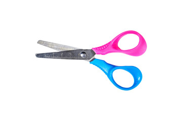 pink and blue handheld scissors open Isolated on White Background