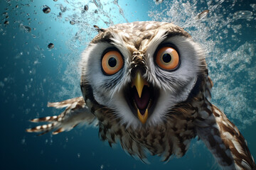 Surprised owl underwater view. Owl snorkeling. AI generated.
