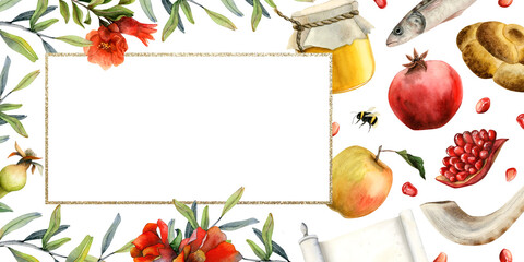 Jewish Rosh Hashanah greeting card template with copy space watercolor illustration for New year holiday with pomegranate fruits, honey, apple, shofar and red flowers