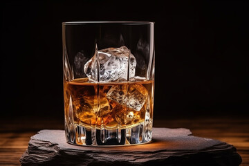 Glass of tumbler whiskey or cognac with ice. AI generated.