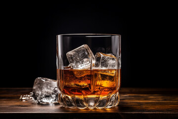 Glass of tumbler whiskey or cognac with ice. AI generated.