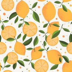 Seamless pattern with oranges. Citrus digital paper. Artistic repeat background of orange fruits, flowers, leaves
