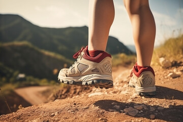 Naklejka premium Tourism, hiking in the mountains. Women's legs in sports shoes close-up on the background of a mountain landscape. AI generated.
