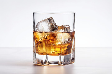Glass of tumbler whiskey or cognac with ice. AI generated. White background.