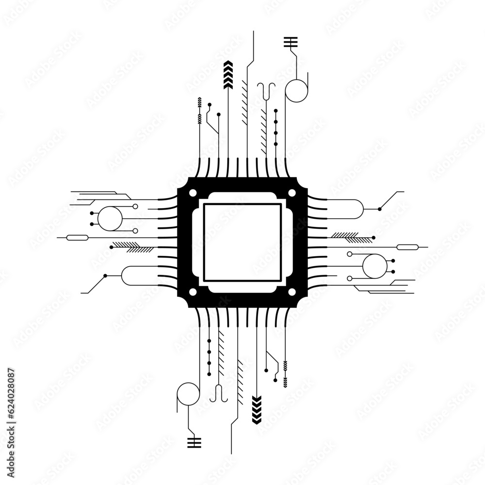 Poster abstract black simple line cpu, computer, technology doodle outline element vector design style sket