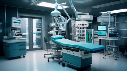 New modern equipment and devices in a medical clinic. Hospital interior. AI generated.