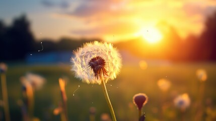 Under the dusk sun, a piece of dandelion in the sun. Generative AI
