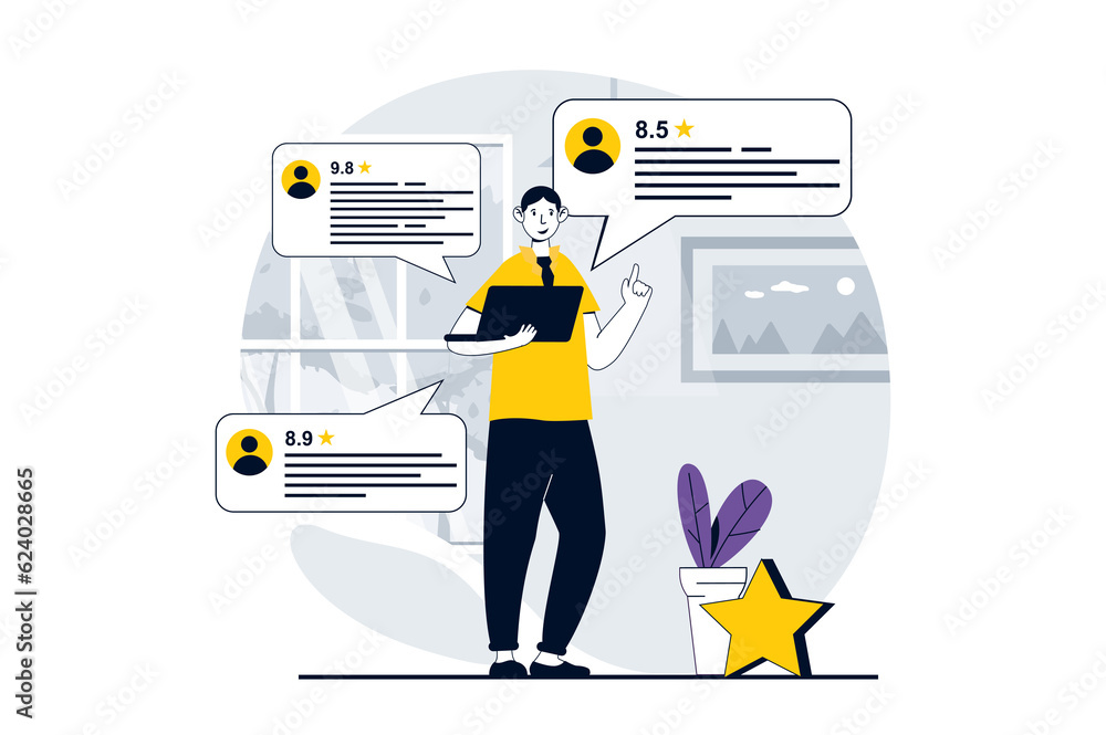 Poster feedback page concept with people scene in flat design for web. man leaving comments with client exp