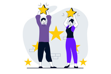 Feedback page concept with people scene in flat design for web. Happy man and woman holding stars and giving best assessment rating. Illustration for social media banner, marketing material.