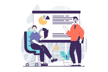 Focus group concept with people scene in flat design for web. Men discussing of data diagram, searching trends and planning strategy. Illustration for social media banner, marketing material.