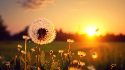 Under the dusk sun, a piece of dandelion in the sun. Generative AI