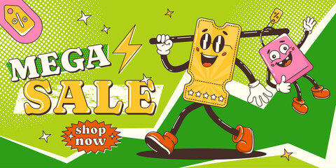 Mega sale banner, retro groovy discount coupon character goes with sale bag. Shop now. Vector pop art background with halftone, abstract geometric shapes. For business, advertising, poster - obrazy, fototapety, plakaty