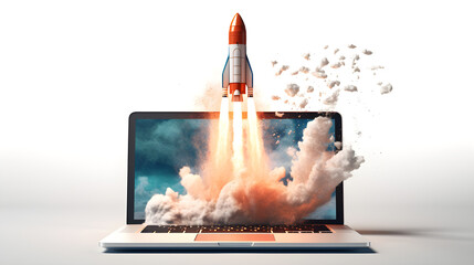 SEO Rocket with smoke rising from a laptop. Digital social media website marketing on laptop concept interface for website strategy and research planning and startup leap growth, Generative AI