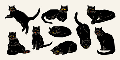 Cute black cats in various poses. Cartoon funny animal characters set, flat design. Modern hand drawn vector illustration