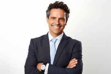 A portrait of a businessman in a black suit and light blue tie smiling with arms crossed on white background. Generative AI