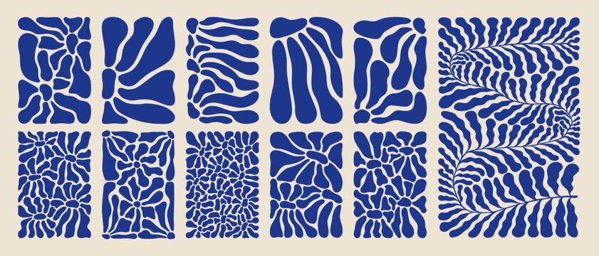 Fototapeta Abstract background matisse style. Contemporary flower art set, modern blue floral element wavy shapes. Vector illustration