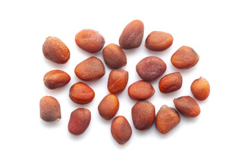 Close-up of Dried Organic Red Radish (Raphanus sativus) seeds isolated on white background. Top view.