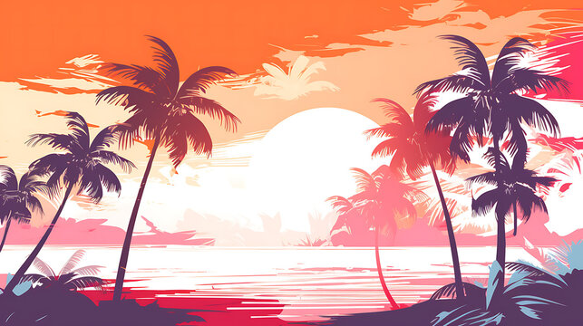 A beach with palm trees during sunset. Generative AI