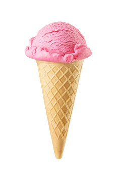 Pink strawberry ice cream scoop served on a waffle sugar cone isolated. Transparent PNG image.