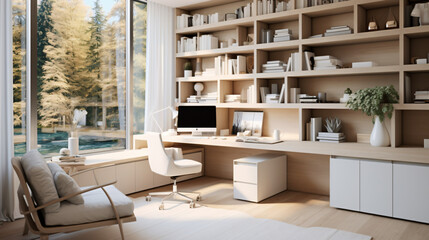 Fototapeta na wymiar 3D Render: Organized home office with modern design and natural light. Generative AI