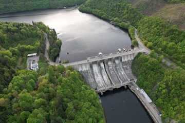 Slapy Reservoir is dam on the Vltava river in the Czech Republic, near to village Slapy. It has a hydroeletrics power station included.Aerial panorama landscape photo