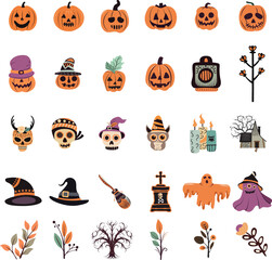 Set of cute halloween design elements collection with autumn colours doodle style. Cute doodle Halloween cute collection with boho colours for kids decoration, party invitation, poster.
