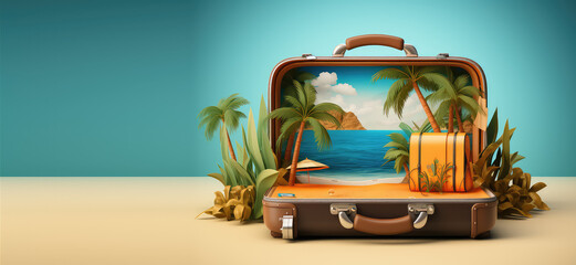 Travel suitcase with miniature palm trees leaves and tropical landscape on flat background. Creative concept for summer time, exotic travel. Generative AI 3d render illustration.