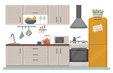 Cozy kitchen interior with furniture, stove and drawer. Decor for the kitchen. Kitchen furniture. Refrigerator, microwave, kettle, mug. Vector in flat style.