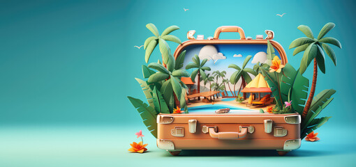 Travel suitcase with miniature palm trees leaves and tropical landscape on flat background. Creative concept for summer time, exotic travel. Generative AI 3d render illustration.