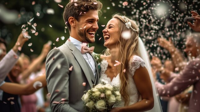 Happy wedding photography of bride and groom at a wedding Generative AI