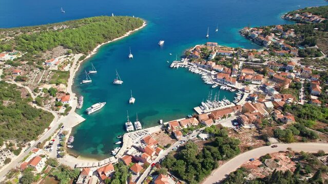 Aerial view of the picturesque Fiskardo village and port Kefalonia, Greece