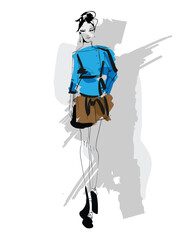 Beautiful young girl in stylish clothes. Fashion woman look. Sale concept. Hand-drawn fashion illustration. Cute girl in fashion clothes.