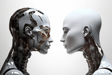 two android robots look face to face, Generative AI