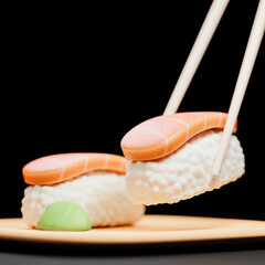 Traditional japanese sushi with chopsticks on a wooden plate.,3d model and illustration.