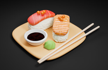 Traditional japanese sushi with chopsticks and soy sauce on a wooden plate.,3d model and illustration.