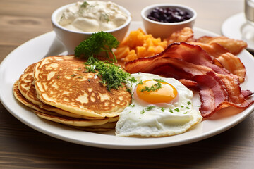 Traditional English Breakfast with egg, bacon, pancakes, yam Generative AI