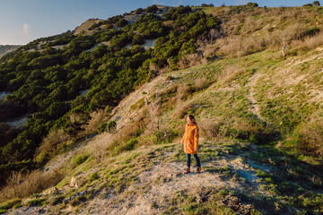 Obraz premium Woman in mountains and evergreen trees with evening light. Aerial view