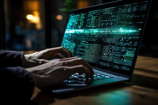 Hands showing Coding programmer, software engineer working on laptop with javascript computer code on virtual screen