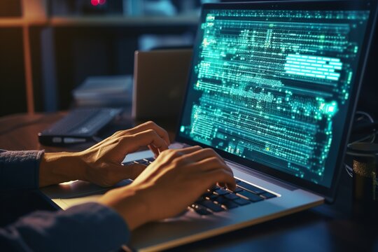 Hands showing Coding programmer, software engineer working on laptop with javascript computer code on virtual screen