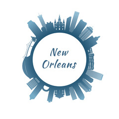 New Orleans skyline with colorful buildings. Circular style. Stock vector illustration.
