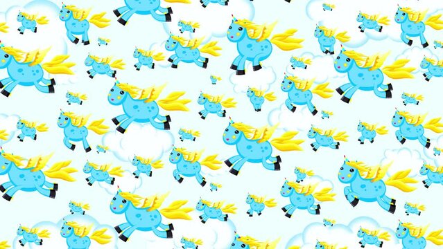 Blue yellow cartoon unicorns flying on light clouds sky background. Cute valentine's day animation good as backdrop for intro, party, television programme, presentation, etc... Seamless loop.