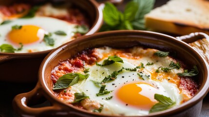 scrambled eggs with yolk in a pan with tomatoes. shakshuka recipe with herbs and cheeses. Diet protein breakfast.
Generative AI