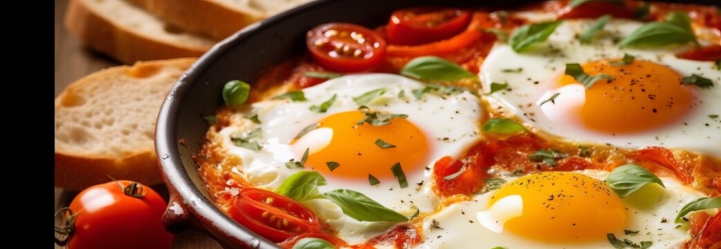 Scrambled Eggs With Yolk In A Pan With Tomatoes. Shakshuka Recipe With Herbs And Cheeses. Diet Protein Breakfast.
Generative AI