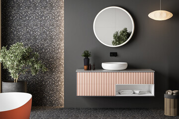 Modern minimalist bathroom interior, modern pink bathroom cabinet, white sink, wooden vanity